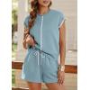 imageSHEWIN Womens Two Piece Lounge Sets Casual Short Sleeve Pullover Tops Matching Drawstring Shorts Cozy Pajamas SetLight Blue