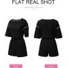 imageSHEWIN Womens Two Piece Outfits Casual Short Sleeve Knit Pullover Tops Matching Shorts Tracksuit Lounge SetsBlack