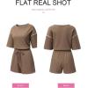 imageSHEWIN Womens Two Piece Outfits Casual Short Sleeve Knit Pullover Tops Matching Shorts Tracksuit Lounge SetsBrown