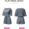 imageSHEWIN Womens Two Piece Outfits Casual Short Sleeve Knit Pullover Tops Matching Shorts Tracksuit Lounge SetsLight Blue