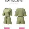 imageSHEWIN Womens Two Piece Outfits Casual Short Sleeve Knit Pullover Tops Matching Shorts Tracksuit Lounge SetsLight Green