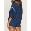 imageSHEWIN Womens Two Piece Outfits Casual Short Sleeve Knit Pullover Tops Matching Shorts Tracksuit Lounge SetsNavy Blue