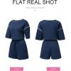 imageSHEWIN Womens Two Piece Outfits Casual Short Sleeve Knit Pullover Tops Matching Shorts Tracksuit Lounge SetsNavy Blue