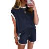 imageSHEWIN Womens 2 Piece Lounge Sets Casual Cap Sleeve Pullover Tops and Drawstring Shorts Tracksuit SetsNavy Blue