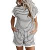 imageSHEWIN Womens 2 Piece Outfits Sweatsuit Casual Loose Striped Short Sleeve Tops Shorts Lounge Sets with PocketsWhite