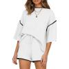 imageSHEWIN Womens Two Piece Outfits Casual Short Sleeve Knit Pullover Tops Matching Shorts Tracksuit Lounge SetsWhite