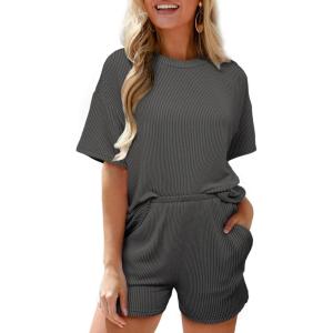 imageSHEWIN Two 2 Piece Sets for Women Short Sleeve Shirts High Waisted Shorts with Pockets Pajamas Lounge Matching SetBlack