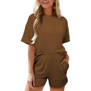 imageSHEWIN Two 2 Piece Sets for Women Short Sleeve Shirts High Waisted Shorts with Pockets Pajamas Lounge Matching SetCoffee