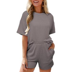 imageSHEWIN Two 2 Piece Sets for Women Short Sleeve Shirts High Waisted Shorts with Pockets Pajamas Lounge Matching SetGrey