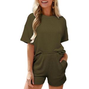 imageSHEWIN Two 2 Piece Sets for Women Short Sleeve Shirts High Waisted Shorts with Pockets Pajamas Lounge Matching SetJungle Green