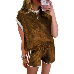 imageSHEWIN Womens 2 Piece Lounge Sets Casual Cap Sleeve Pullover Tops and Drawstring Shorts Tracksuit SetsBrown