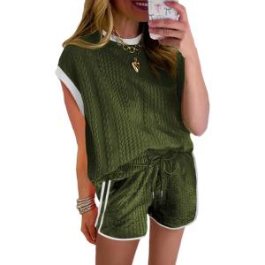 imageSHEWIN Womens 2 Piece Lounge Sets Casual Cap Sleeve Pullover Tops and Drawstring Shorts Tracksuit SetsDark Green