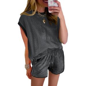 imageSHEWIN Womens 2 Piece Lounge Sets Casual Cap Sleeve Pullover Tops and Drawstring Shorts Tracksuit SetsDark Grey