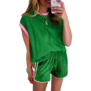 imageSHEWIN Womens 2 Piece Lounge Sets Casual Cap Sleeve Pullover Tops and Drawstring Shorts Tracksuit SetsGreen