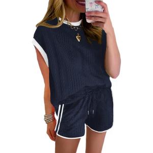 imageSHEWIN Womens 2 Piece Lounge Sets Casual Cap Sleeve Pullover Tops and Drawstring Shorts Tracksuit SetsNavy Blue