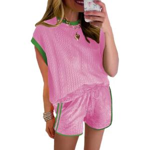 imageSHEWIN Womens 2 Piece Lounge Sets Casual Cap Sleeve Pullover Tops and Drawstring Shorts Tracksuit SetsPink