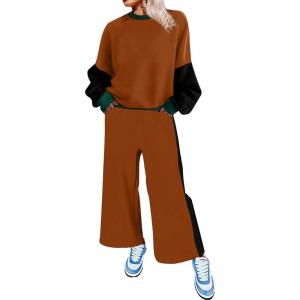imageSHEWIN Womens 2 Piece Lounge Sets For Women Casual Long Sleeve Tops and Wide Leg Pants Matching SetBrown