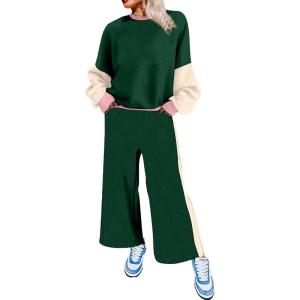 imageSHEWIN Womens 2 Piece Lounge Sets For Women Casual Long Sleeve Tops and Wide Leg Pants Matching SetDark Green