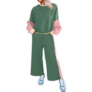 imageSHEWIN Womens 2 Piece Lounge Sets For Women Casual Long Sleeve Tops and Wide Leg Pants Matching SetGreen