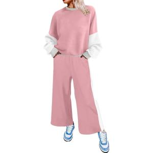 imageSHEWIN Womens 2 Piece Lounge Sets For Women Casual Long Sleeve Tops and Wide Leg Pants Matching SetLight Pink