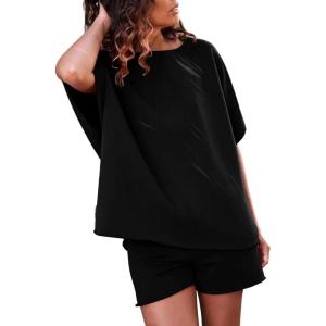 imageSHEWIN Womens 2 Piece Lounge Sets Oversized Crewneck Short Sleeve Shirts Drawstring Shorts Pajama SetsBlack