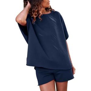 imageSHEWIN Womens 2 Piece Lounge Sets Oversized Crewneck Short Sleeve Shirts Drawstring Shorts Pajama SetsNavy Blue