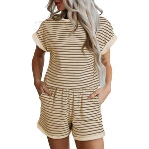 imageSHEWIN Womens 2 Piece Outfits Sweatsuit Casual Loose Striped Short Sleeve Tops Shorts Lounge Sets with PocketsApricot