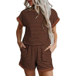 imageSHEWIN Womens 2 Piece Outfits Sweatsuit Casual Loose Striped Short Sleeve Tops Shorts Lounge Sets with PocketsBrown