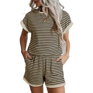 imageSHEWIN Womens 2 Piece Outfits Sweatsuit Casual Loose Striped Short Sleeve Tops Shorts Lounge Sets with PocketsDark Apricot
