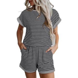 imageSHEWIN Womens 2 Piece Outfits Sweatsuit Casual Loose Striped Short Sleeve Tops Shorts Lounge Sets with PocketsGrey