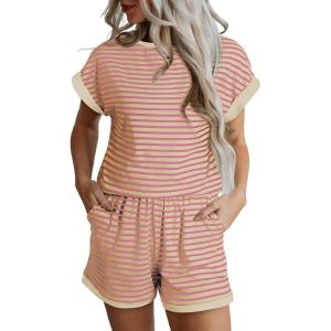 imageSHEWIN Womens 2 Piece Outfits Sweatsuit Casual Loose Striped Short Sleeve Tops Shorts Lounge Sets with PocketsPink