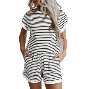 imageSHEWIN Womens 2 Piece Outfits Sweatsuit Casual Loose Striped Short Sleeve Tops Shorts Lounge Sets with PocketsWhite