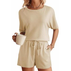 imageSHEWIN Womens Pajama Sets Waffle Knit Lounge Set 2 Piece Outfits Loungewear Sweatsuit with PocketsB Apricot