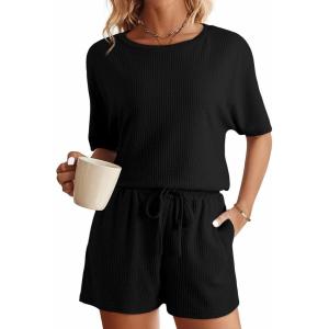 imageSHEWIN Womens Pajama Sets Waffle Knit Lounge Set 2 Piece Outfits Loungewear Sweatsuit with PocketsB Black