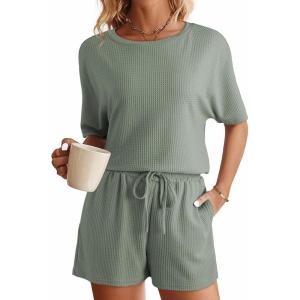 imageSHEWIN Womens Pajama Sets Waffle Knit Lounge Set 2 Piece Outfits Loungewear Sweatsuit with PocketsB Green
