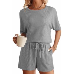 imageSHEWIN Womens Pajama Sets Waffle Knit Lounge Set 2 Piece Outfits Loungewear Sweatsuit with PocketsB Grey