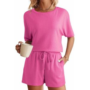 imageSHEWIN Womens Pajama Sets Waffle Knit Lounge Set 2 Piece Outfits Loungewear Sweatsuit with PocketsB Rose