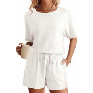 imageSHEWIN Womens Pajama Sets Waffle Knit Lounge Set 2 Piece Outfits Loungewear Sweatsuit with PocketsB White