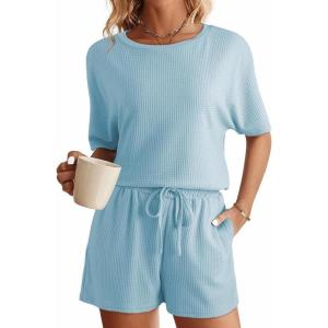imageSHEWIN Womens Pajama Sets Waffle Knit Lounge Set 2 Piece Outfits Loungewear Sweatsuit with PocketsC Blue