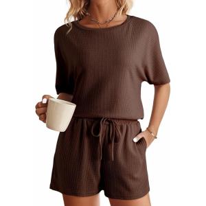 imageSHEWIN Womens Pajama Sets Waffle Knit Lounge Set 2 Piece Outfits Loungewear Sweatsuit with PocketsC Coffee
