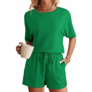 imageSHEWIN Womens Pajama Sets Waffle Knit Lounge Set 2 Piece Outfits Loungewear Sweatsuit with PocketsC Dark Green