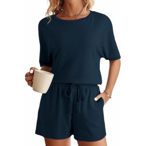 imageSHEWIN Womens Pajama Sets Waffle Knit Lounge Set 2 Piece Outfits Loungewear Sweatsuit with PocketsC Navy Blue