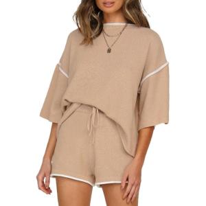 imageSHEWIN Womens Two Piece Outfits Casual Short Sleeve Knit Pullover Tops Matching Shorts Tracksuit Lounge SetsApricot