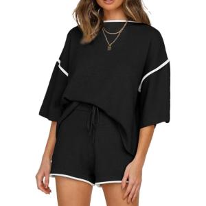 imageSHEWIN Womens Two Piece Outfits Casual Short Sleeve Knit Pullover Tops Matching Shorts Tracksuit Lounge SetsBlack