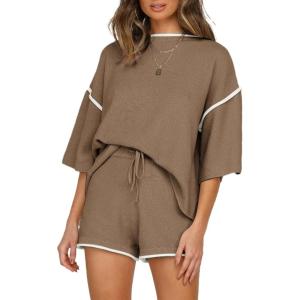 imageSHEWIN Womens Two Piece Outfits Casual Short Sleeve Knit Pullover Tops Matching Shorts Tracksuit Lounge SetsBrown
