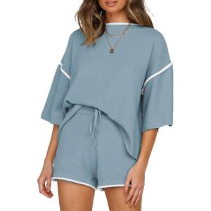 imageSHEWIN Womens Two Piece Outfits Casual Short Sleeve Knit Pullover Tops Matching Shorts Tracksuit Lounge SetsDark Blue