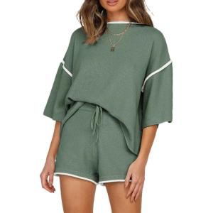 imageSHEWIN Womens Two Piece Outfits Casual Short Sleeve Knit Pullover Tops Matching Shorts Tracksuit Lounge SetsDark Green