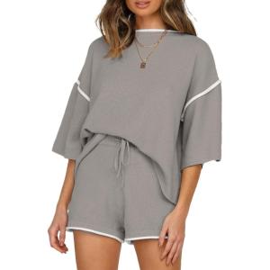imageSHEWIN Womens Two Piece Outfits Casual Short Sleeve Knit Pullover Tops Matching Shorts Tracksuit Lounge SetsGrey