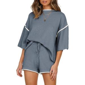 imageSHEWIN Womens Two Piece Outfits Casual Short Sleeve Knit Pullover Tops Matching Shorts Tracksuit Lounge SetsLight Blue