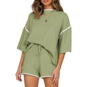 imageSHEWIN Womens Two Piece Outfits Casual Short Sleeve Knit Pullover Tops Matching Shorts Tracksuit Lounge SetsLight Green